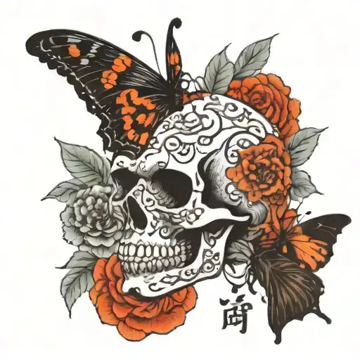 Butterfly With Skull And Chinese Writing