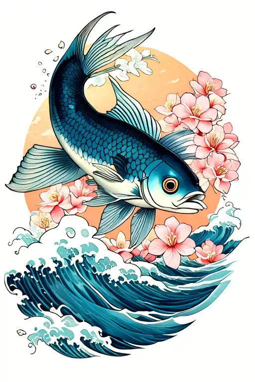 Coi Fish And Cherry Blossoms And Waves