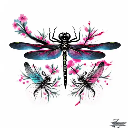 Dragonfly Death Pain Blood Red Pink Grief Chaos Ink Splatter Cherry Blossom