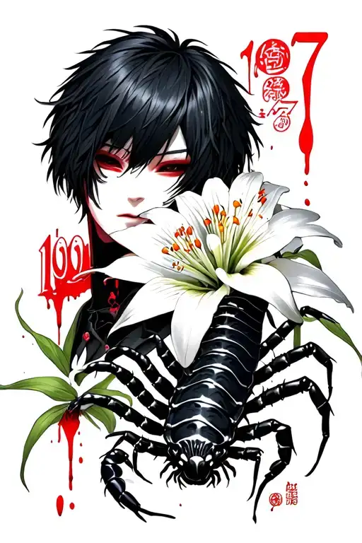 Ken Kaneki Mask And Centipede 1000-7 Number In The Background And Spider Lily With Blood Drops