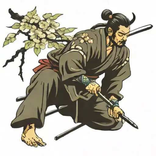 Samurai Warrior Welding A Sword Under S Cherry Blossoms