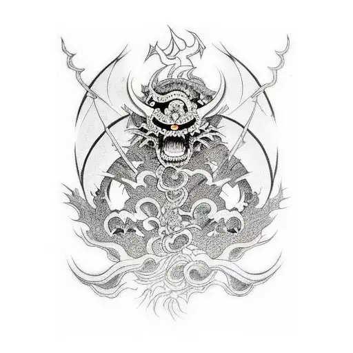 Combine Japanese Mythology Demons With Black Fire And Skulls In Japanese Style