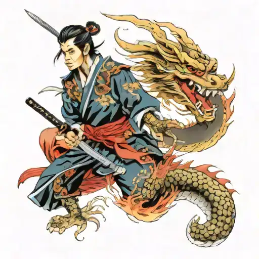 Samurai Slaying Dragon Breathing Fire