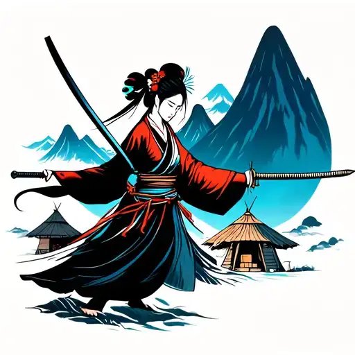 Japanese Woman Sword Fighter With Mountains And Teepee Huts