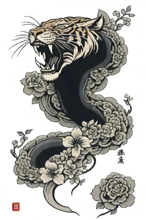 Half Sleeve With Tiger And Flowers