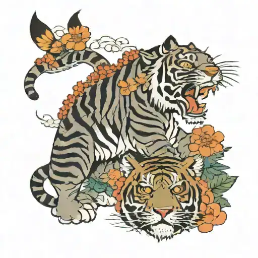 Japanese Traditional Half Sleeve With Tiger And Flowers