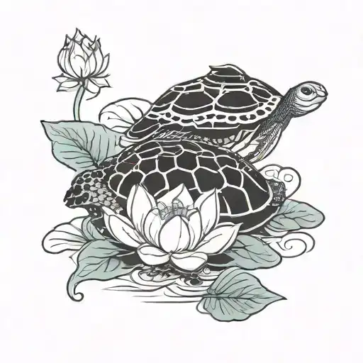 Lotus And Turtle Swimming