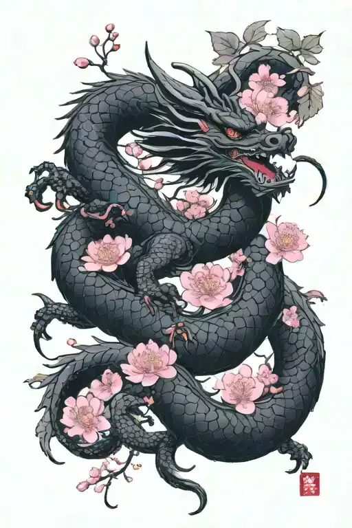Black Dragon And Pink Cherry Blossoms