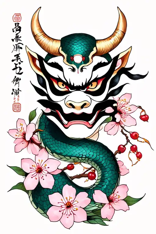 Oni Mask With A Snake Interwined With Cherry Blossoms