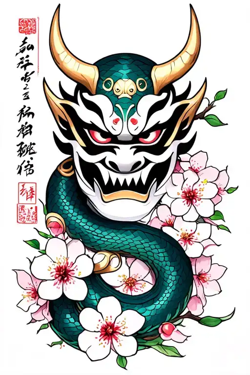 Oni Mask With A Snake Interwined With Cherry Blossoms