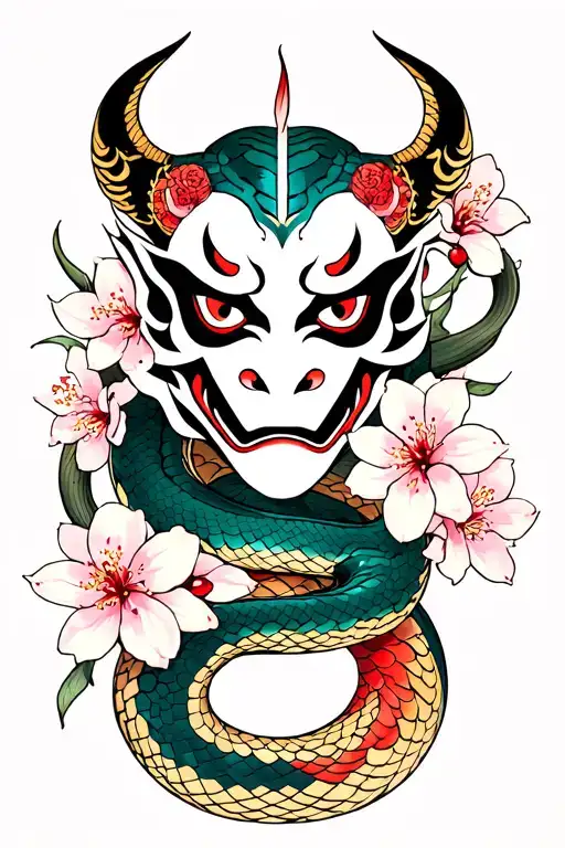 Oni Mask With A Snake Interwined With Cherry Blossoms