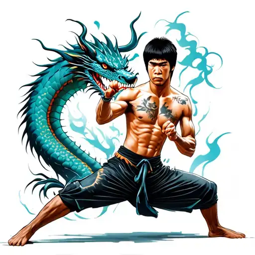 Bruce Lee In Fighting Stance With Scratches And Dragon Behind Him