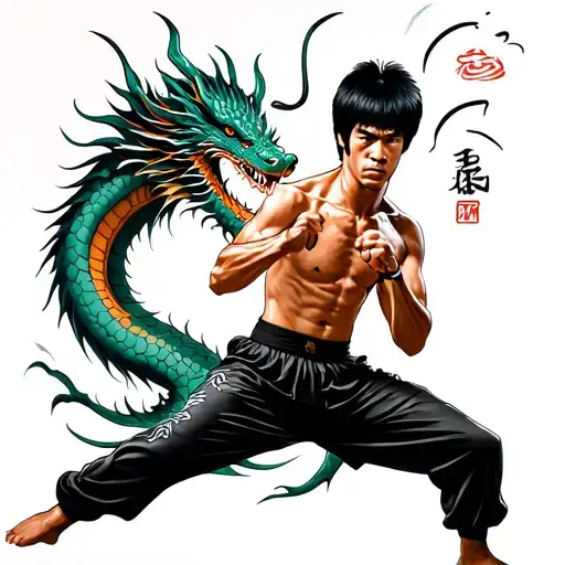 Bruce Lee In Fighting Stance With Scratches And Dragon Behind Him