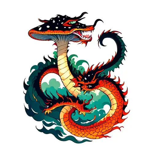 Dragon Intertwined Giant Mushroom Atomic Cloud Transforming