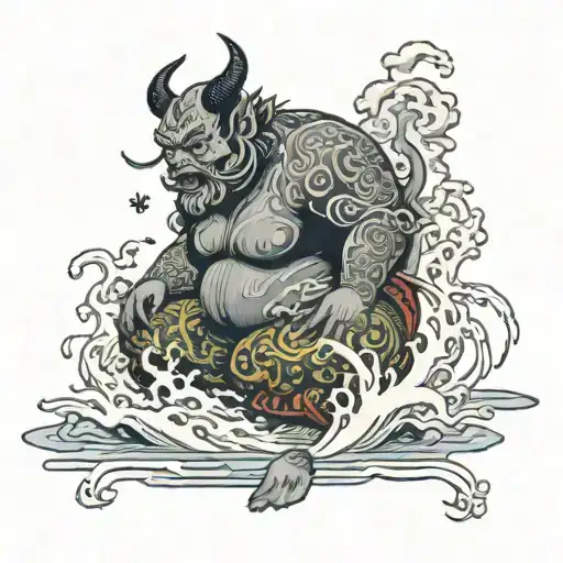 Fat Japanese Demon Sitting On Water With Fog Around Him
