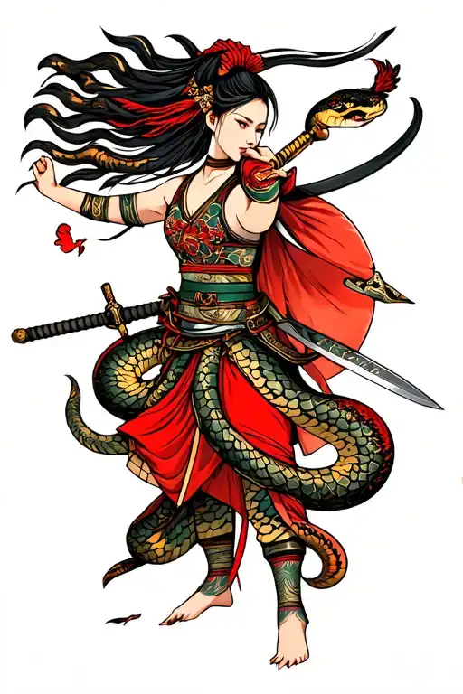 Highland Female Warrior Wielding A Sword With A Snake Enrolled