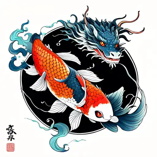 Dragon And Koi Fish Connected