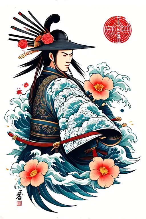 Japane Samurai With Japanese Waves And Flowers Intertwined