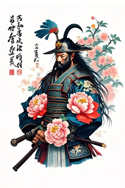 Japane Samurai Warrior With Irezumi Design Inspired With Peonies And Flowers