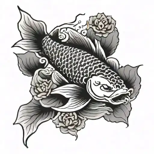 A Koi Carp Swimming Up With A Lotus Flower With A Traditional Japan Temple