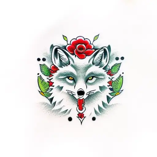 White Fox With Black And Red Teils Steps In Red Flower