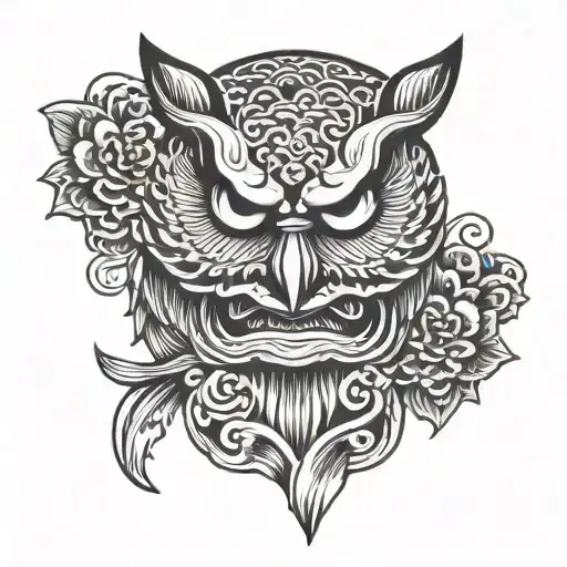 Owl Below And Above Hannya Mask With Japanese Background Black