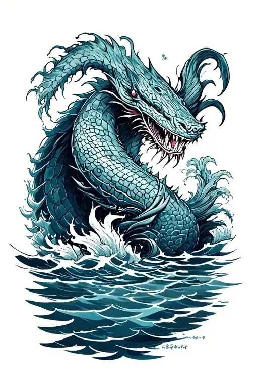 Please Draw A Sketch Of A Tattoo Of A Very Evil Leviathan In The Water On The Back