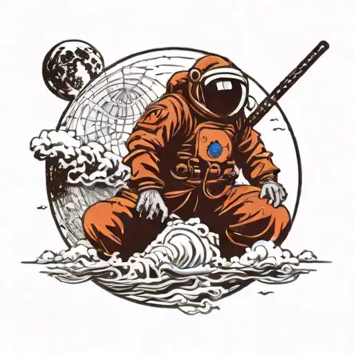 Cosmonaut Samurai Rolling On The Background Of The Moon And The Earth In The Reflection