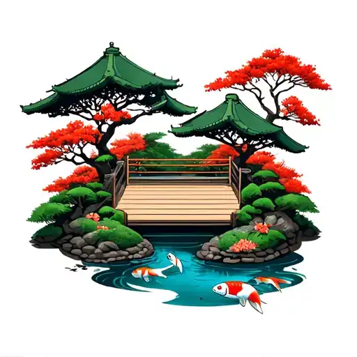 Japanese Garden With A Wrestling Ring In The Corner And A Koi Pond
