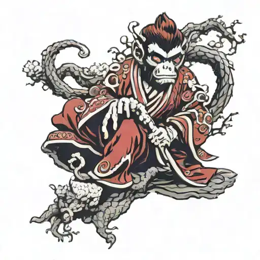 Monkey King Wukong In A Red Kimono Sitting In A Meditation Pose