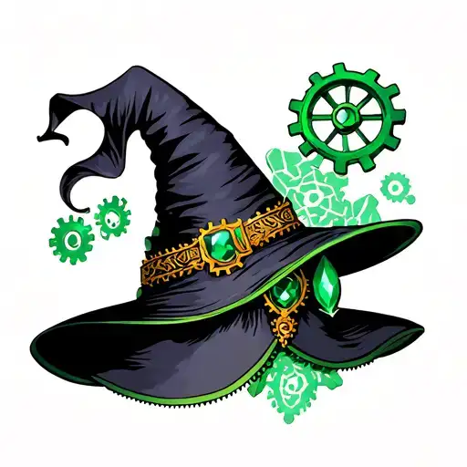 Wizard Of Oz Black Witch Hat With Cogs At The Side And Emerald Colours