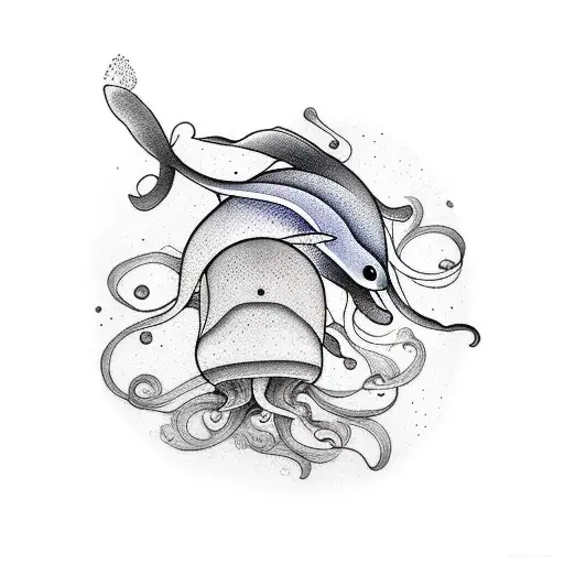 A Unique Minimalist Design Featuring A Jellyfish And A Dolphin Swimming Together In Harmony