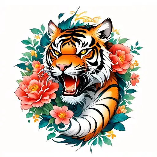 Tiger And Dragon Tattoo With Flowers