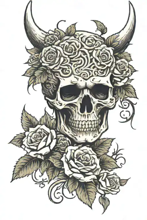 Skull With Roses And Demon In Hanya Mask