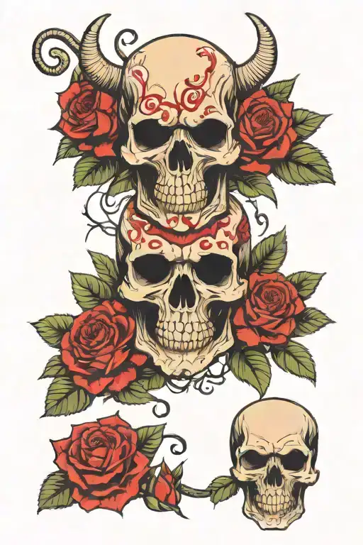 Skull With Roses And Demon In Mask They