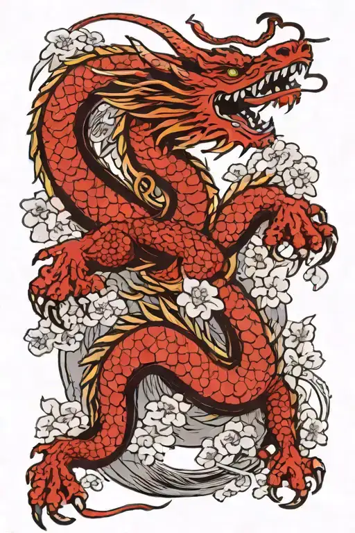 A Dragon With Some With Some Cherry Blossom Around