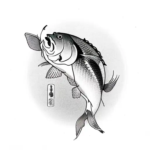 Traditional Japanese Carp In Black And White With A Thick Outline