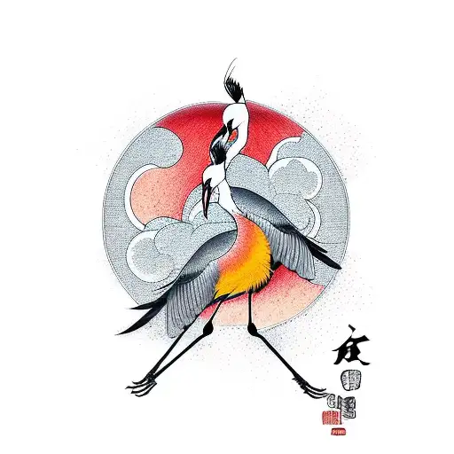 2 Cranes With Red Sun