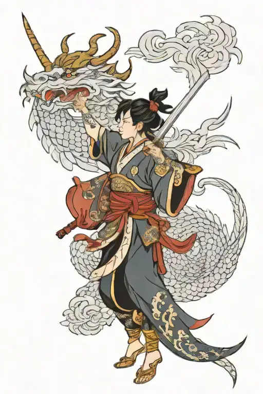 A Valkyrie Wielding A Japanese Style Dragon As A Weapon