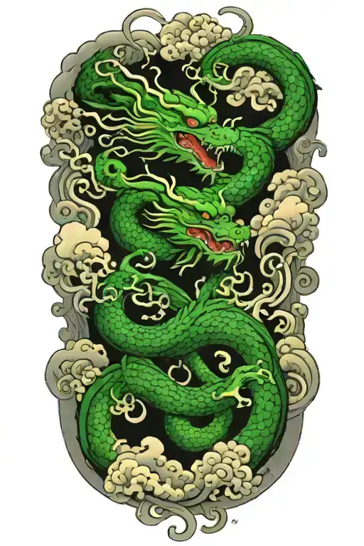 Green Dragon And Japanese Clouds With Thunder