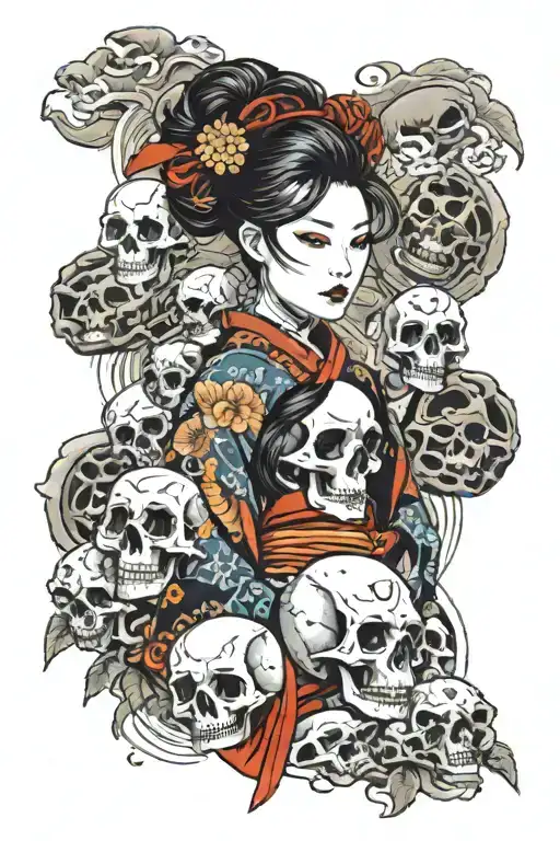 A Warrior Woman In A Kimono Surrounded By Skulls