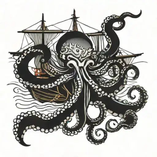 Octopus Wrapping Its Tentacles Around A Sailing Ship