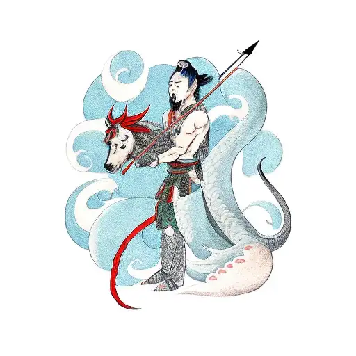 A Centaur With A Bow And Arrow Who Cuddles With A Dragon