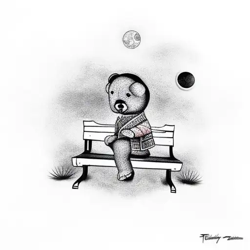 Teddy Sitting Alone On A Bench Watching The Moon
