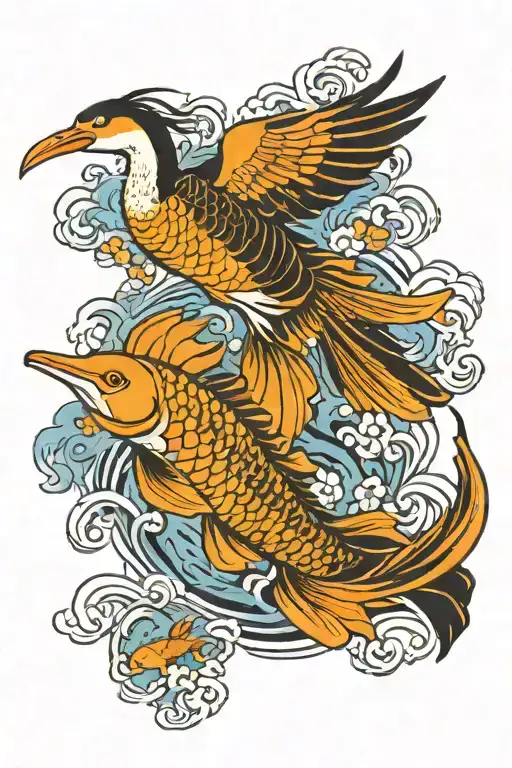 Crane With Koi Fish Swimming