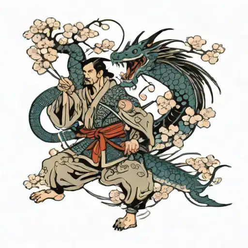 Samurai And Dragon With Small Cherry Blossom Petals Falling