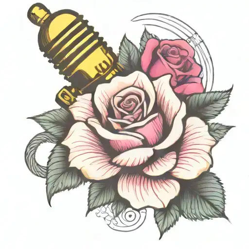 Bright Pink Rose With Punk Rock Style Microphone And Musical Notes