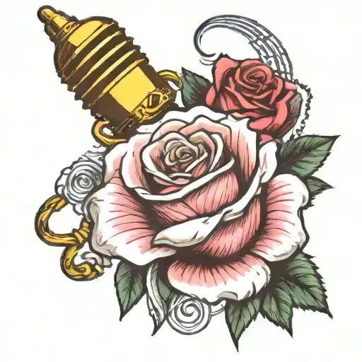 Bright Pink Rose With Punk Rock Style Microphone And Musical Notes