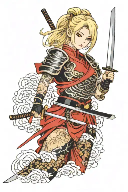 Girl Blonde Red Armor And Katana