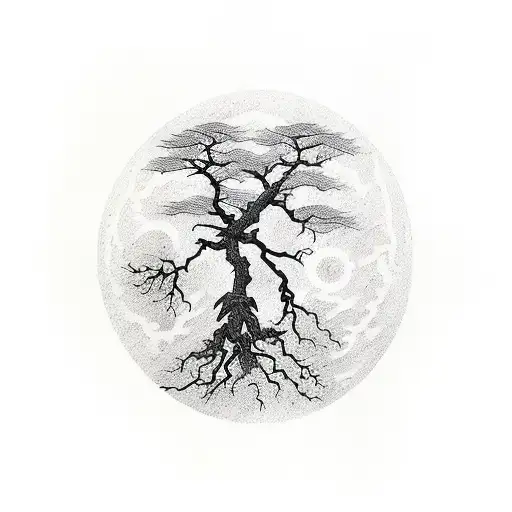 A Tree With Bare Branches In Fornt Of The Moon